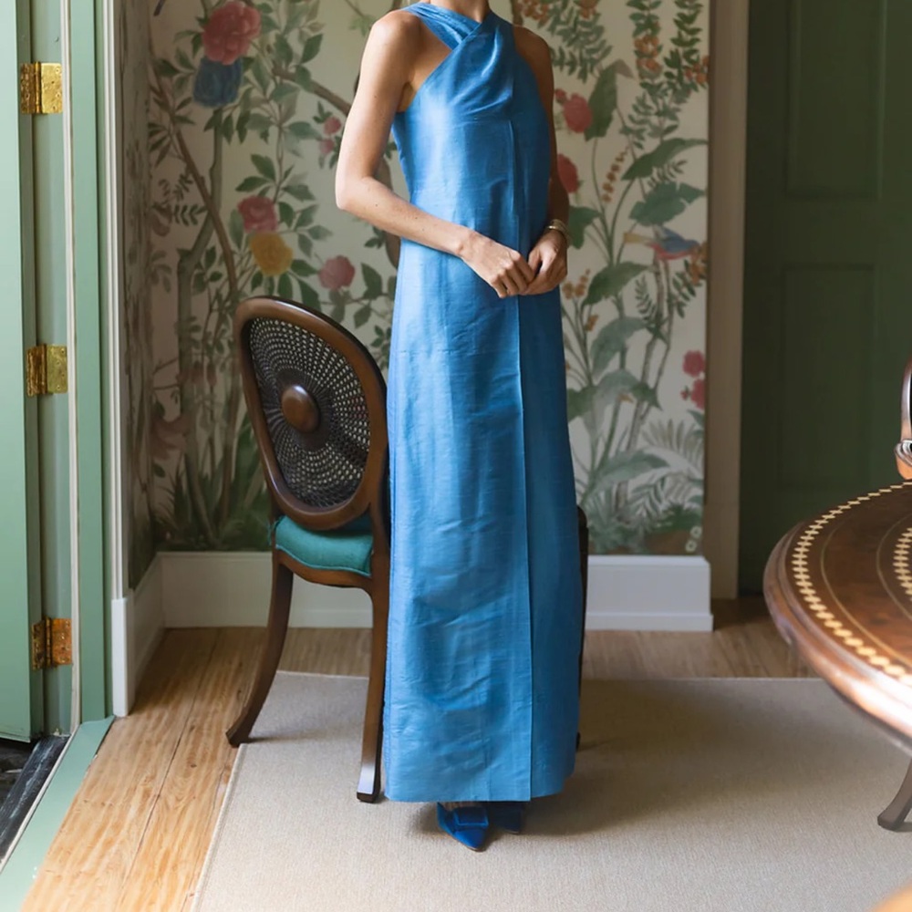 Blue Halter Maxi Gown for Wedding Guests